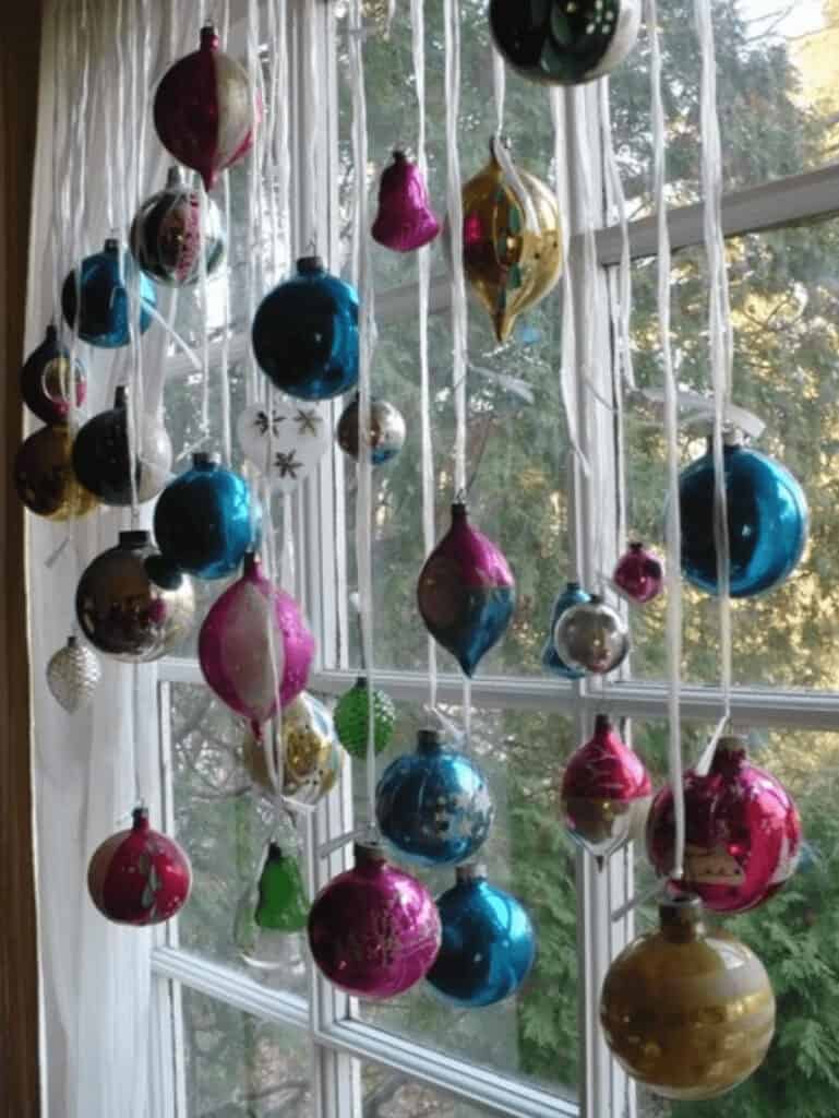 ornaments hanging in a window