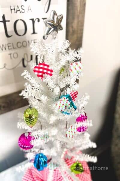 diy christmas ornaments on white thrifted tree