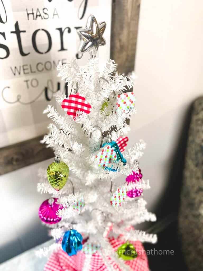 diy christmas ornaments on white thrifted tree