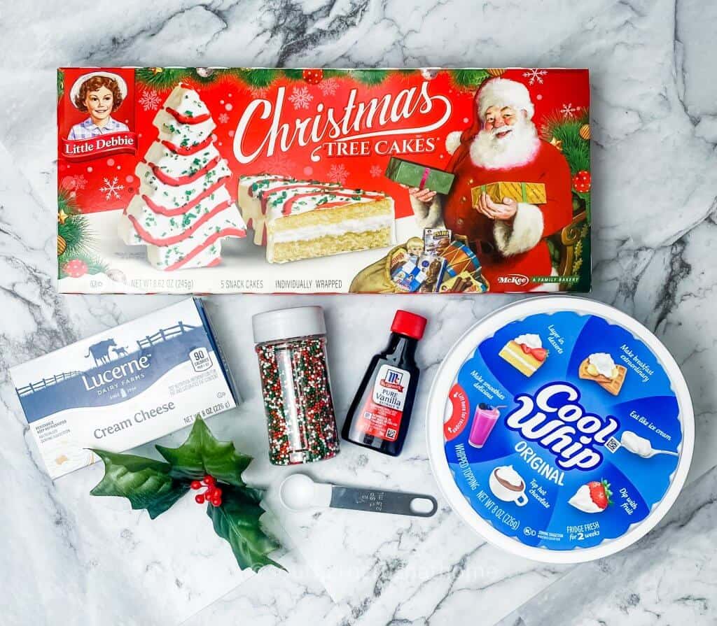 ingredients to make little debbie christmas tree cake dip