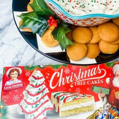 little debbie christmas tree cakes dip in festive bowl with box