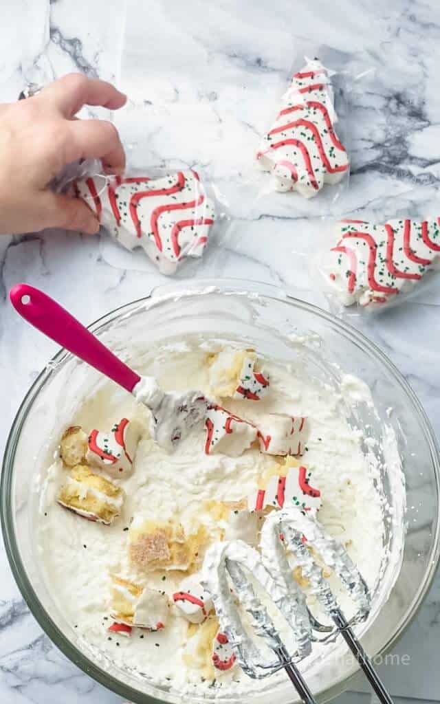 breaking up little debbie christmas tree cakes into dip