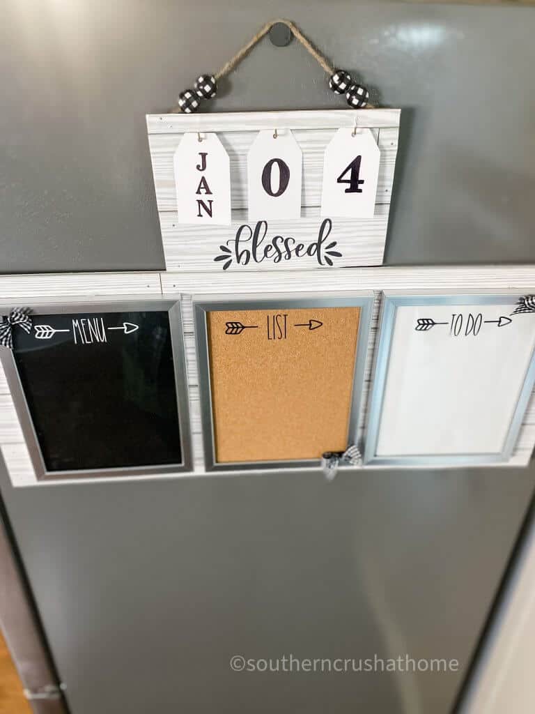 wall calendar with menu board on refrigerator