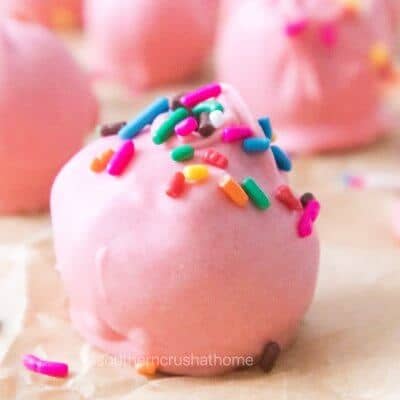 close up of oreo truffle with sprinkles