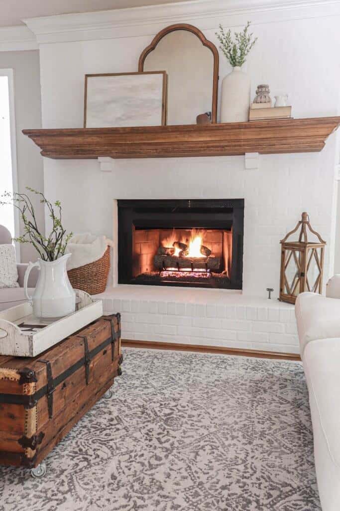 wood log fireplace mantel