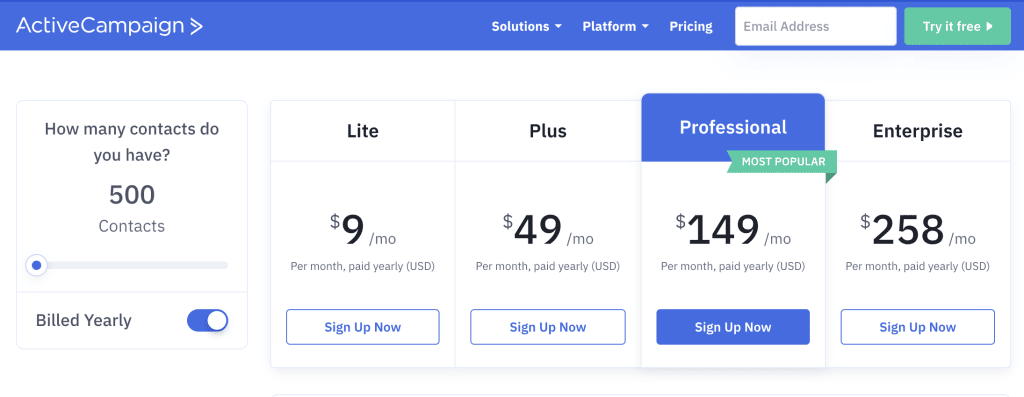 active campaign pricing chart