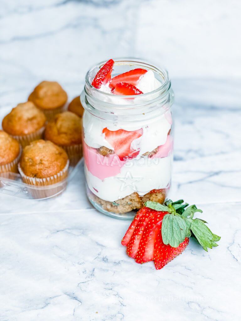 finished strawberry shortcake trifle in mason jar