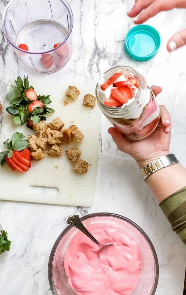 top layer of strawberry shortcake trifle