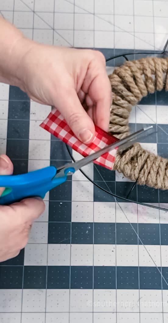 cutting points of ribbon for wreath