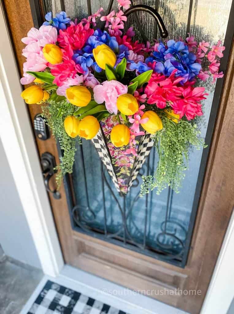 finished umbrella wreath on front door