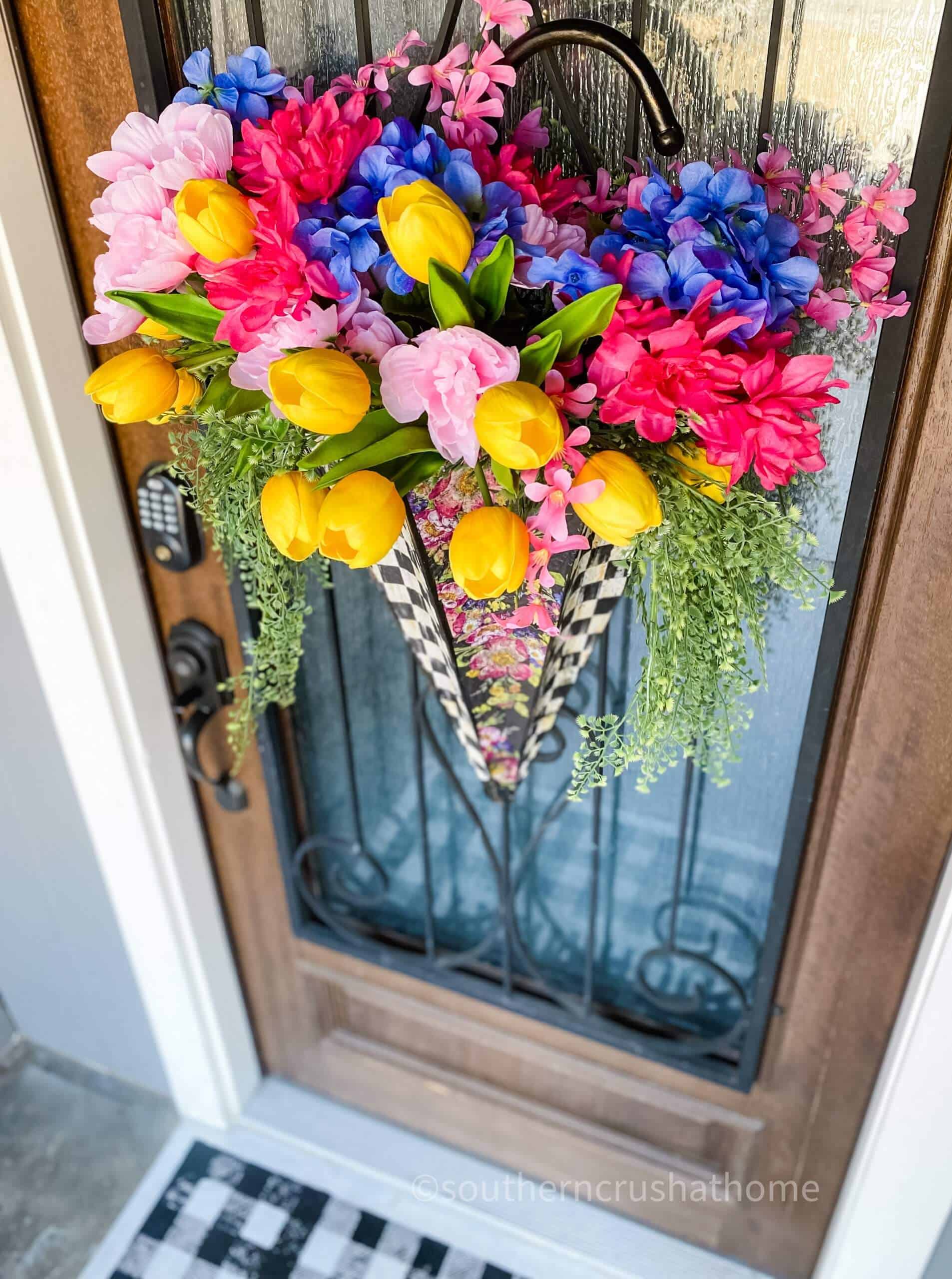 finished umbrella wreath on front door