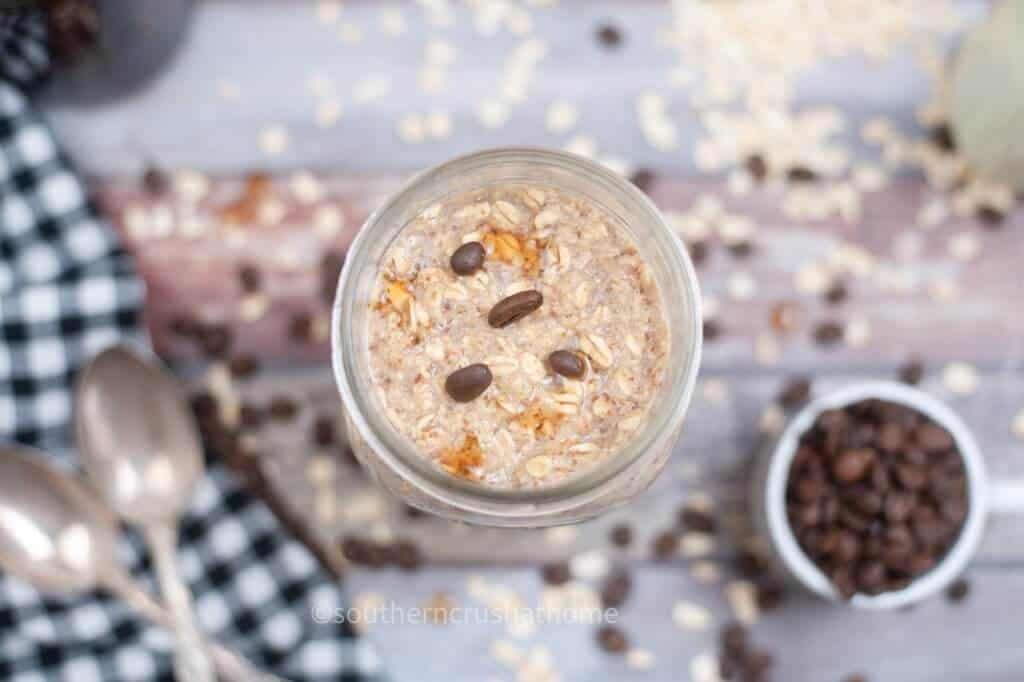 overnight oats on counter with napkin and spoons