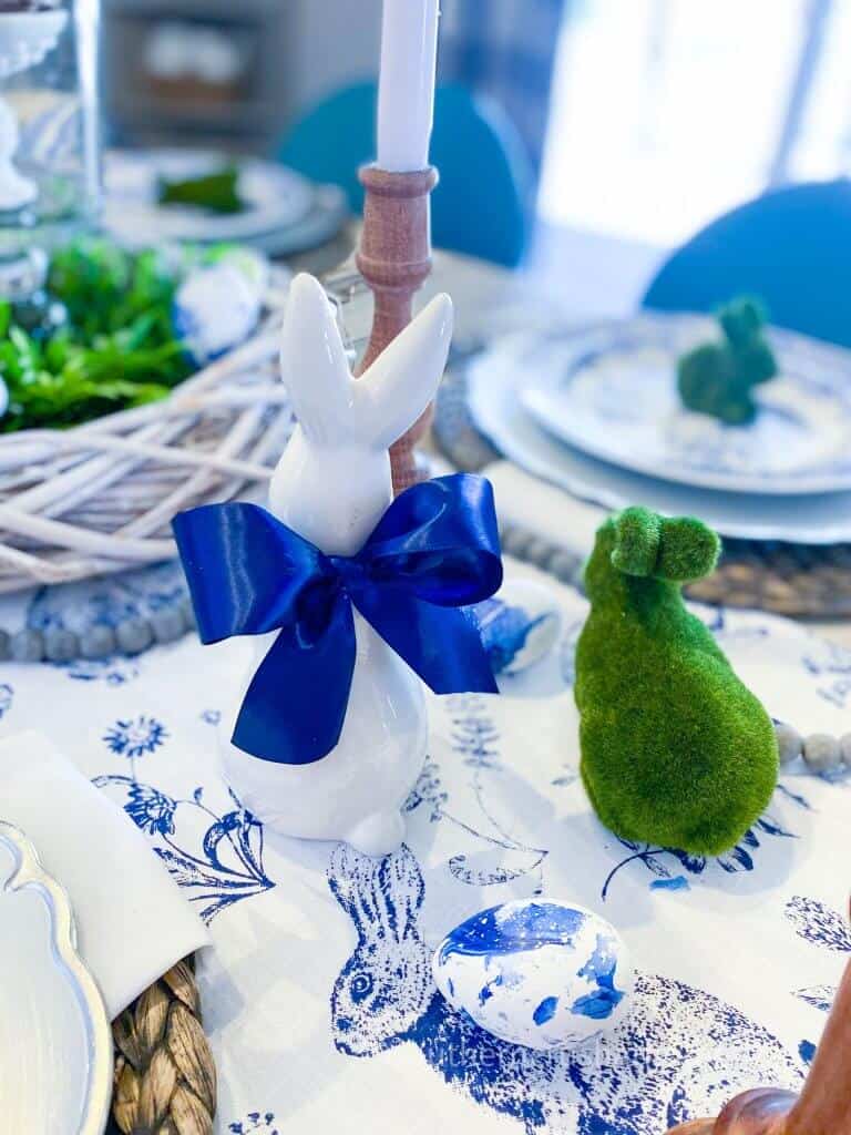 blue and white Easter table setting close up