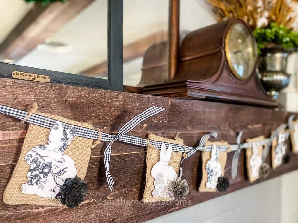 dollar tree easter bunny banner on mantle