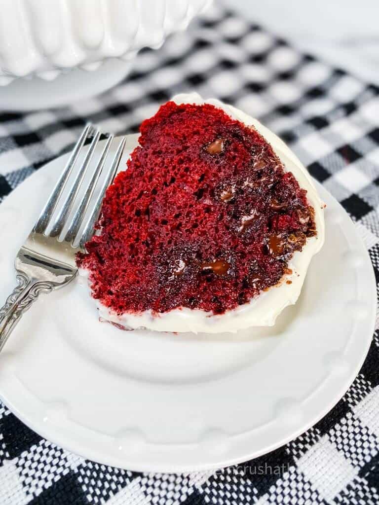 close up of red velvet bundt cake