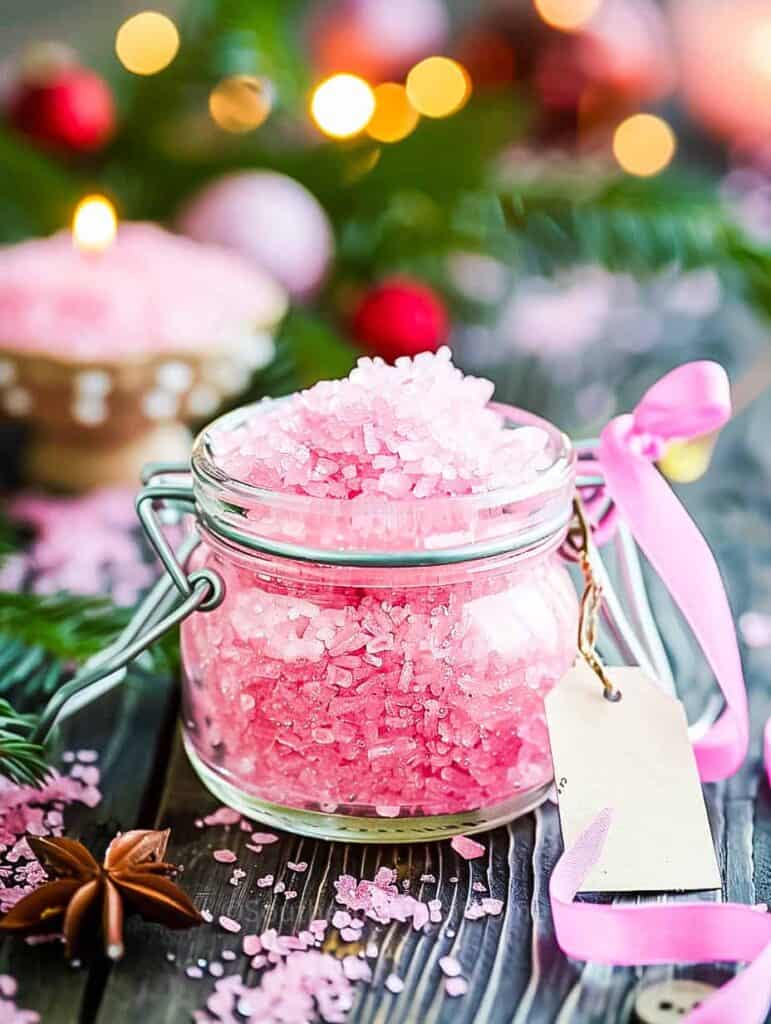 pink sugar scrub in a mason jar as a gift