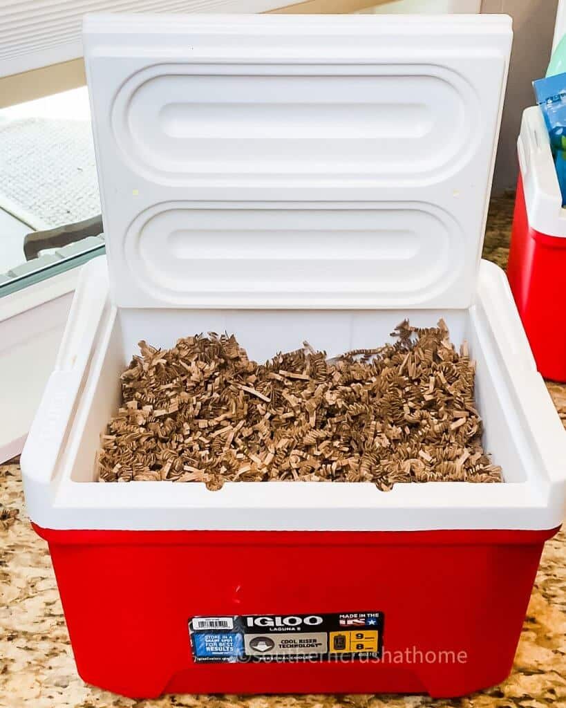 brown crinkle paper inside cooler