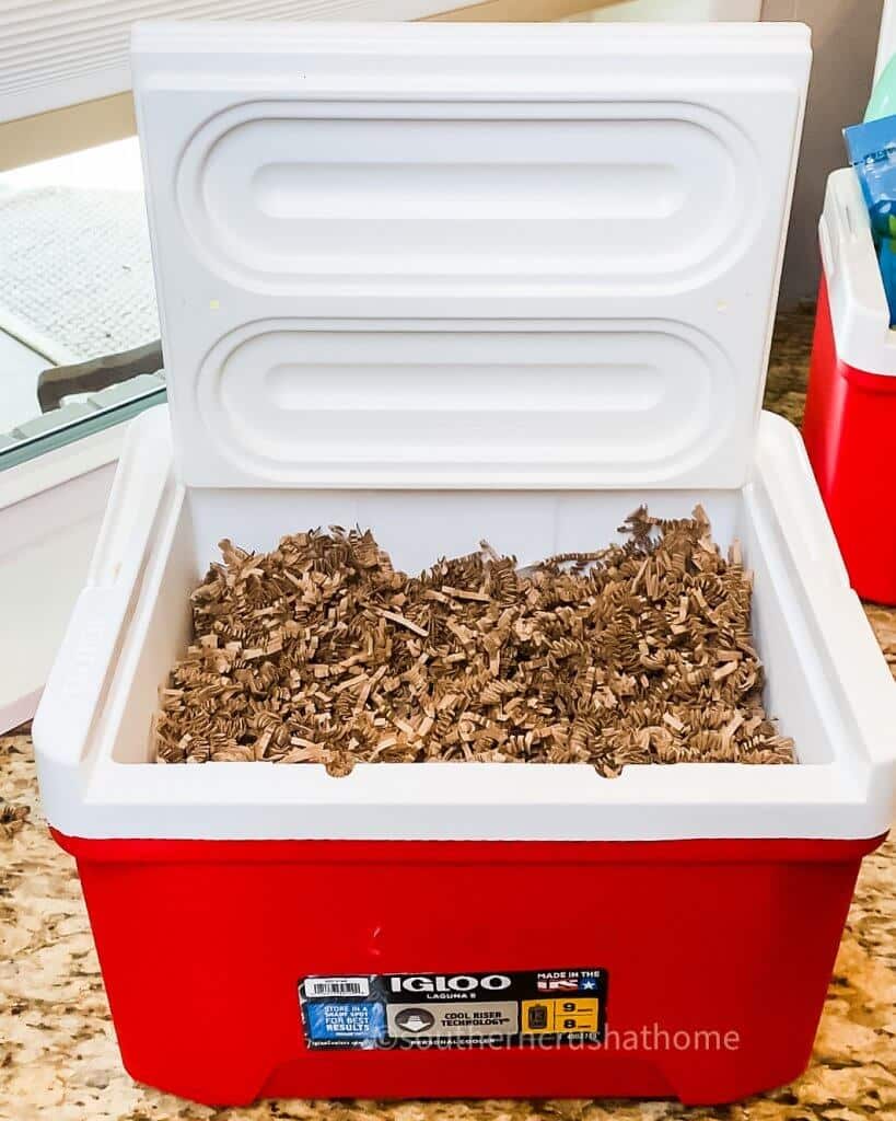 brown crinkle paper inside cooler