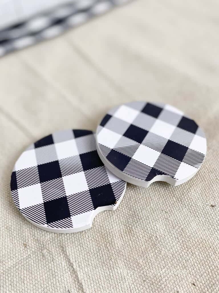 buffalo plaid coasters on table