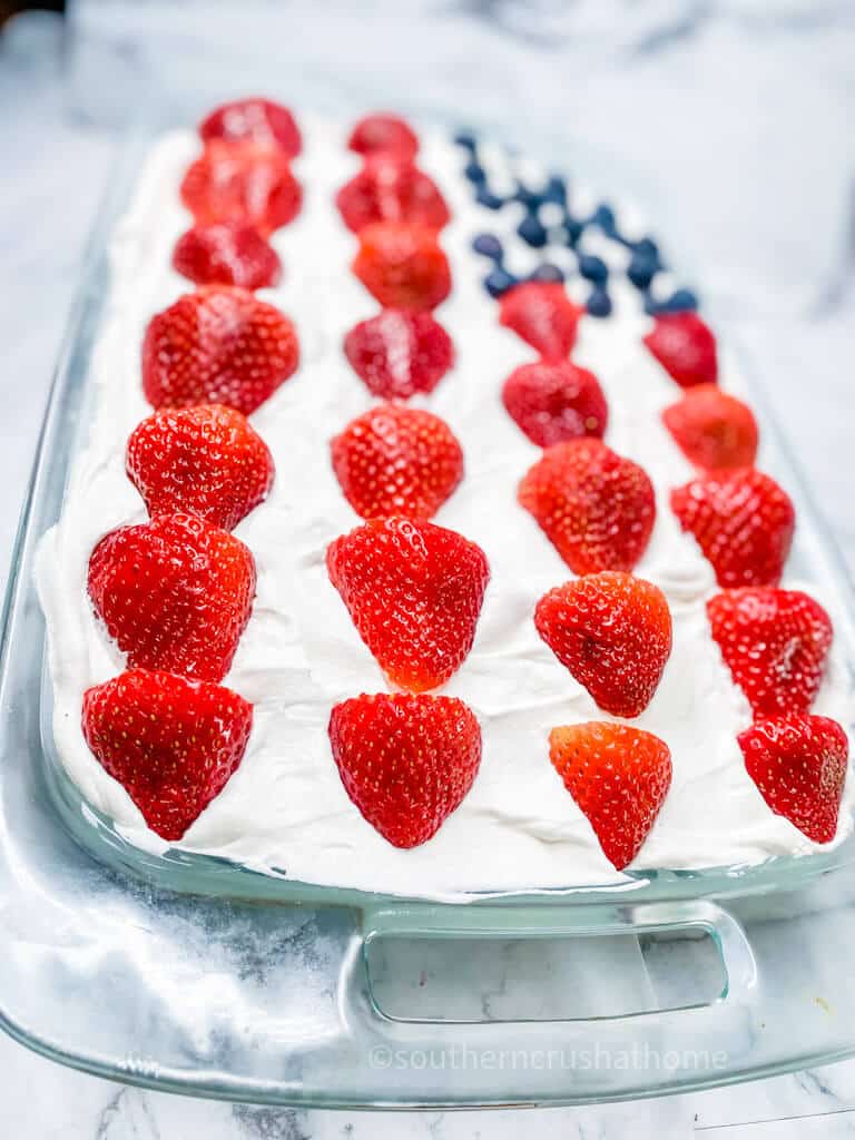 Easy American Flag Poke Cake Recipe with Fresh Strawberries and Blueberries