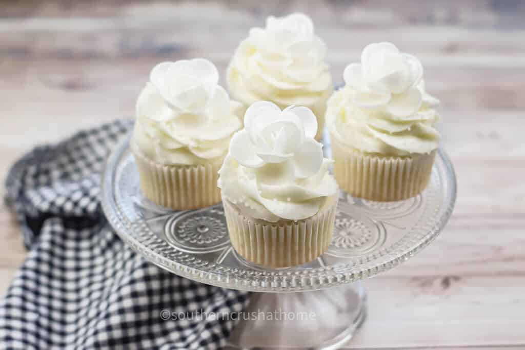 wedding cake cupcakes on stand