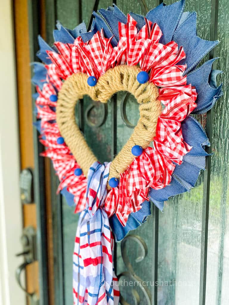 heart shaped patriotic wreath on door