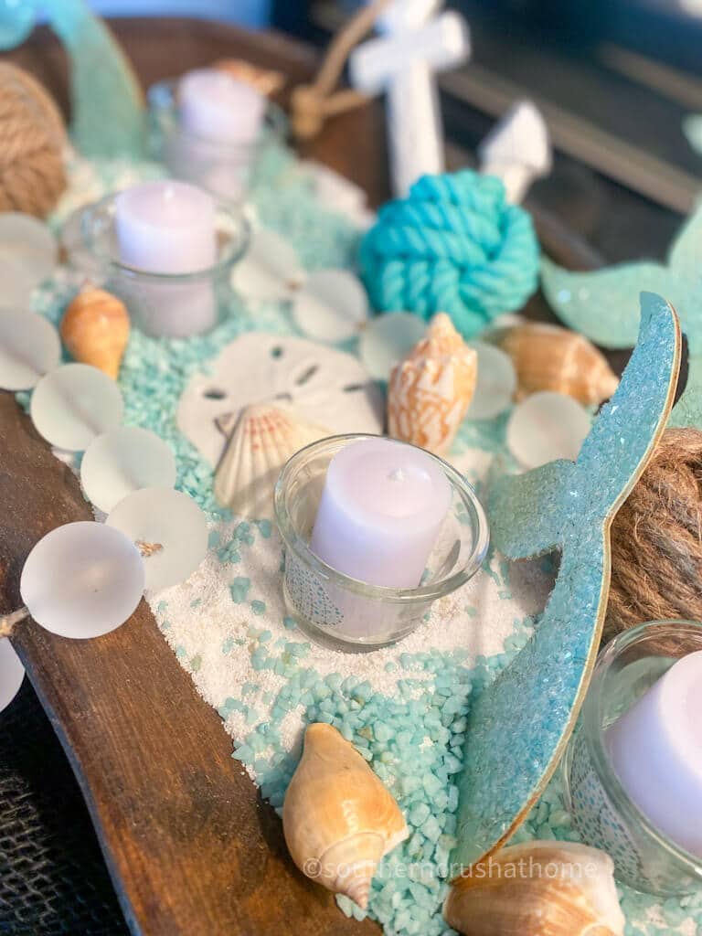 coastal farmhouse dough bowl with candles