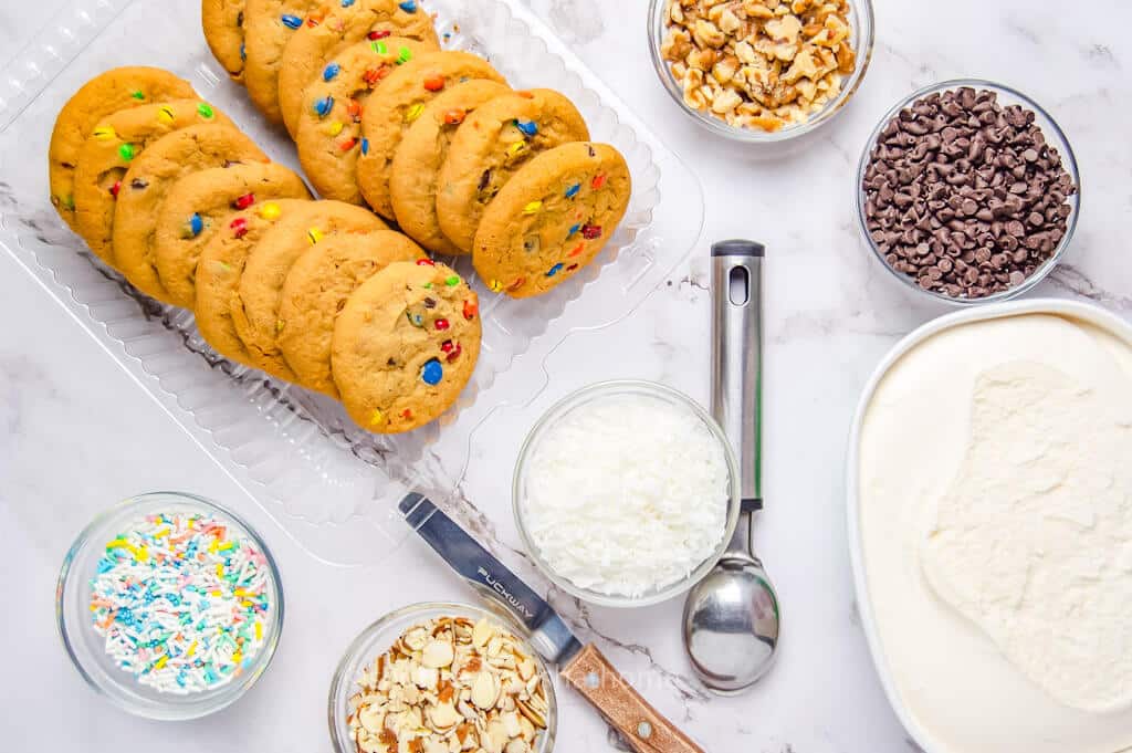 ingredients for m&m cookies ice cream sandwiches