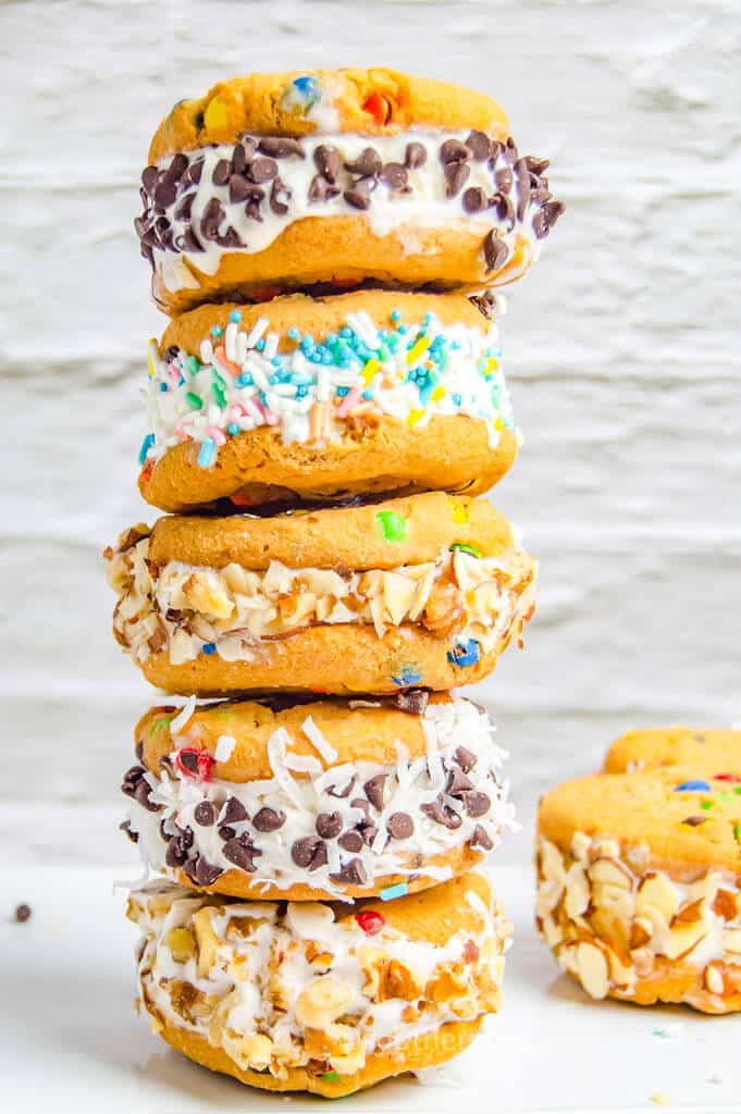 stacked M&M ice cream sandwiches