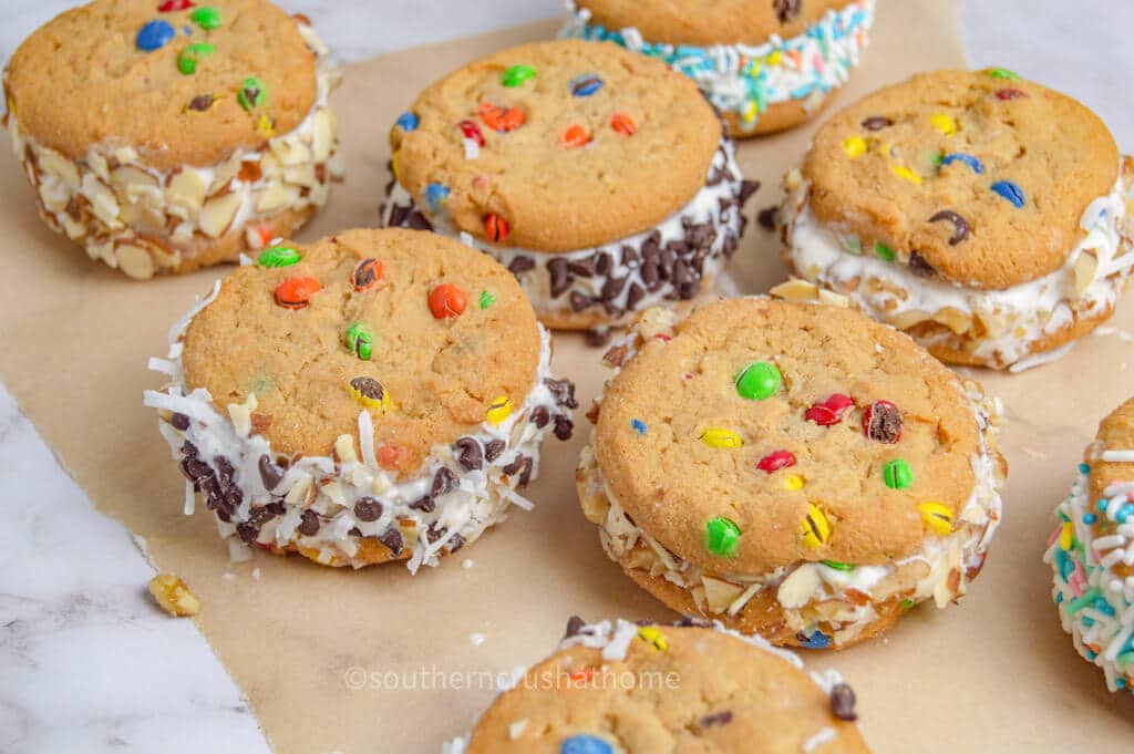finished m&m cookie ice cream sandwiches
