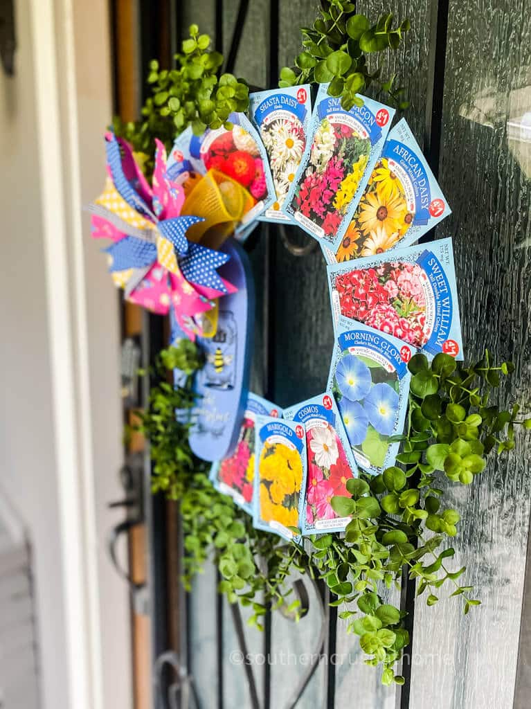 side view of summer wreath on the door