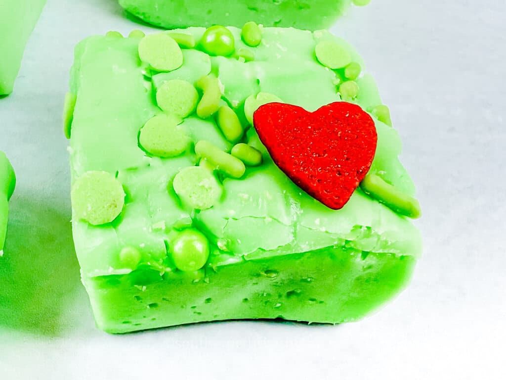 Grinch fudge with tiny red heart