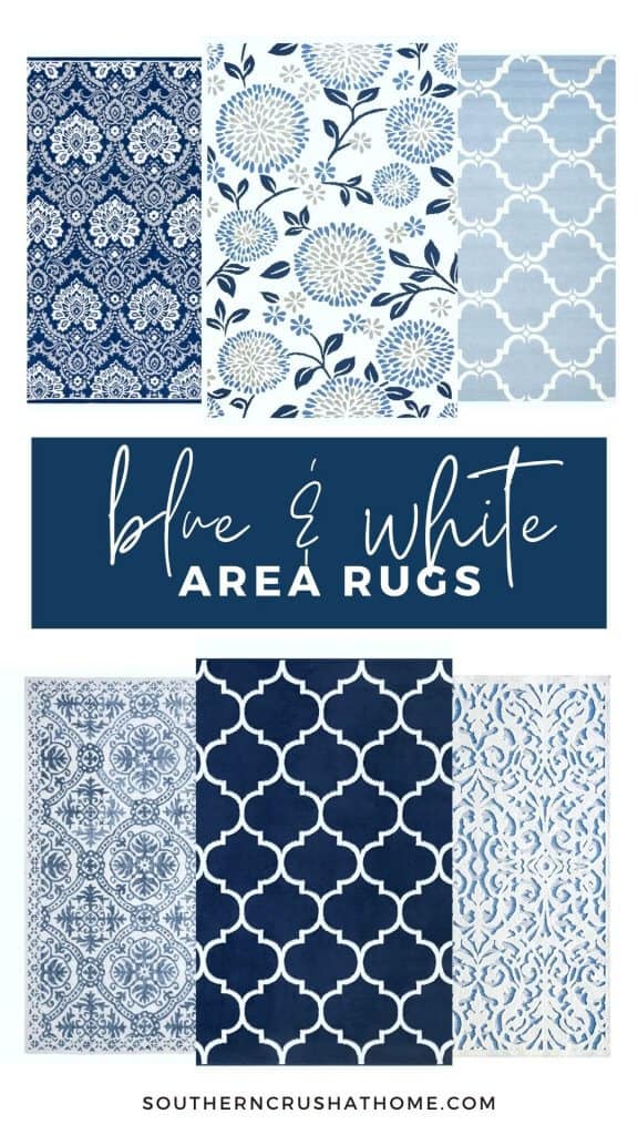 collage of blue and white area rugs