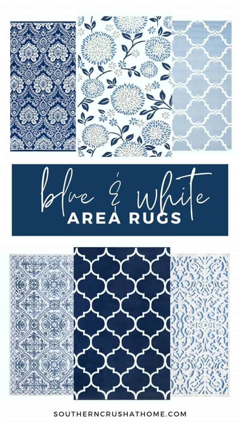 collage of blue and white area rugs