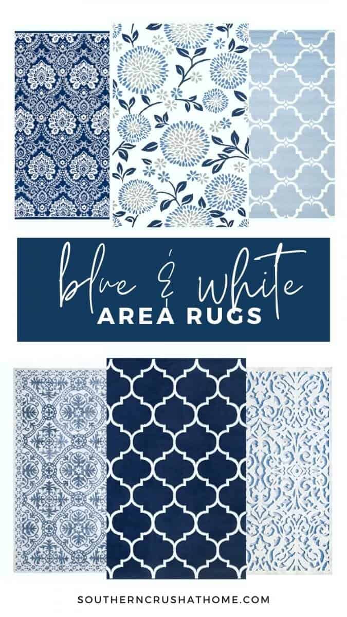 collage of blue and white area rugs
