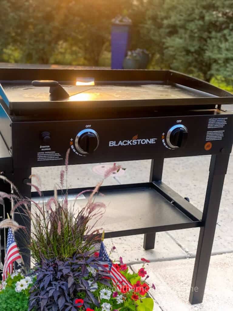 Up close view of seasoned Blackstone griddle