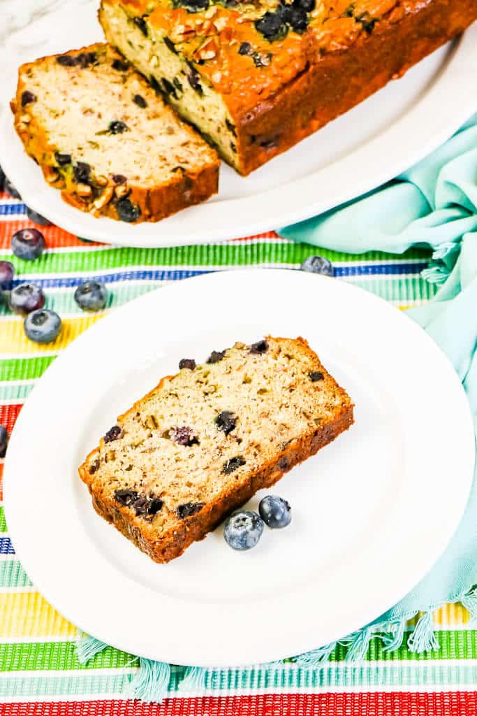 blueberry banana bread slice on plate