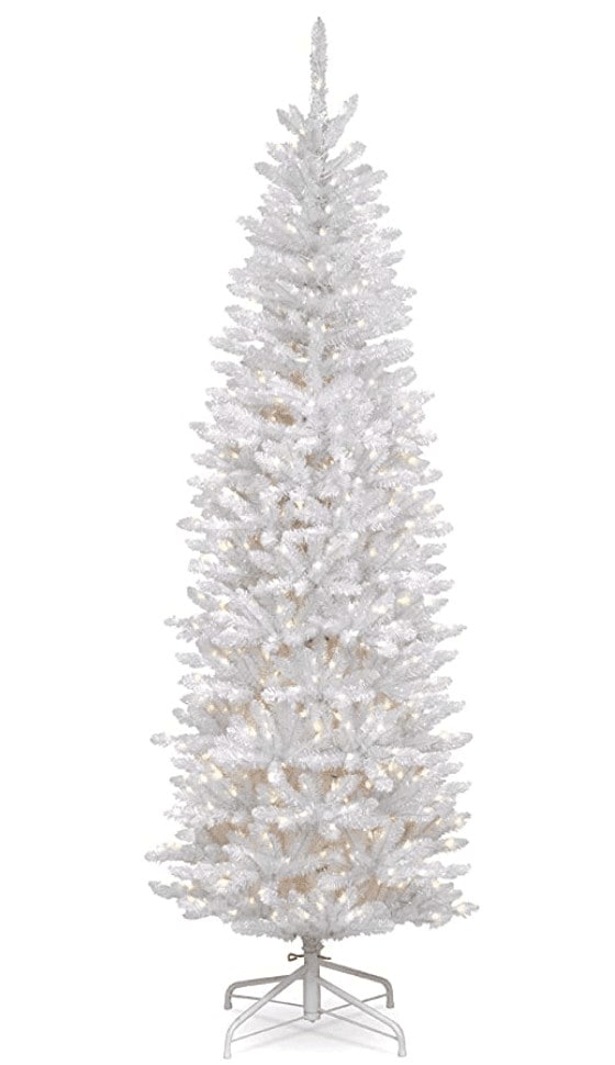 7ft National Tree Company Artificial Pre-Lit Slim Christmas Tree, White, Kingswood Fir with White Lights