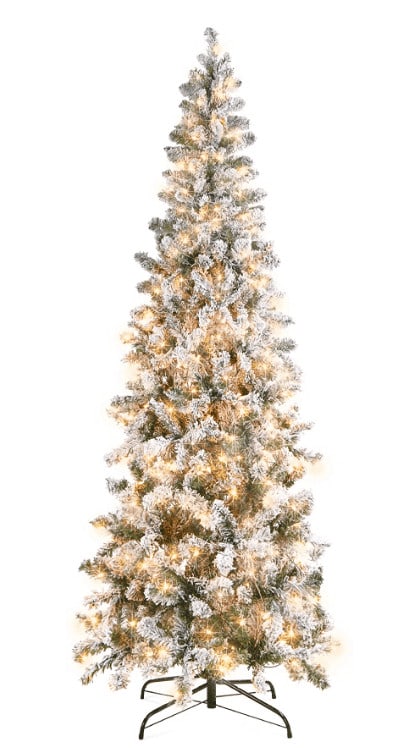 12ft Pre-Lit Snow Flocked Slim Skinny Pencil Christmas Tree