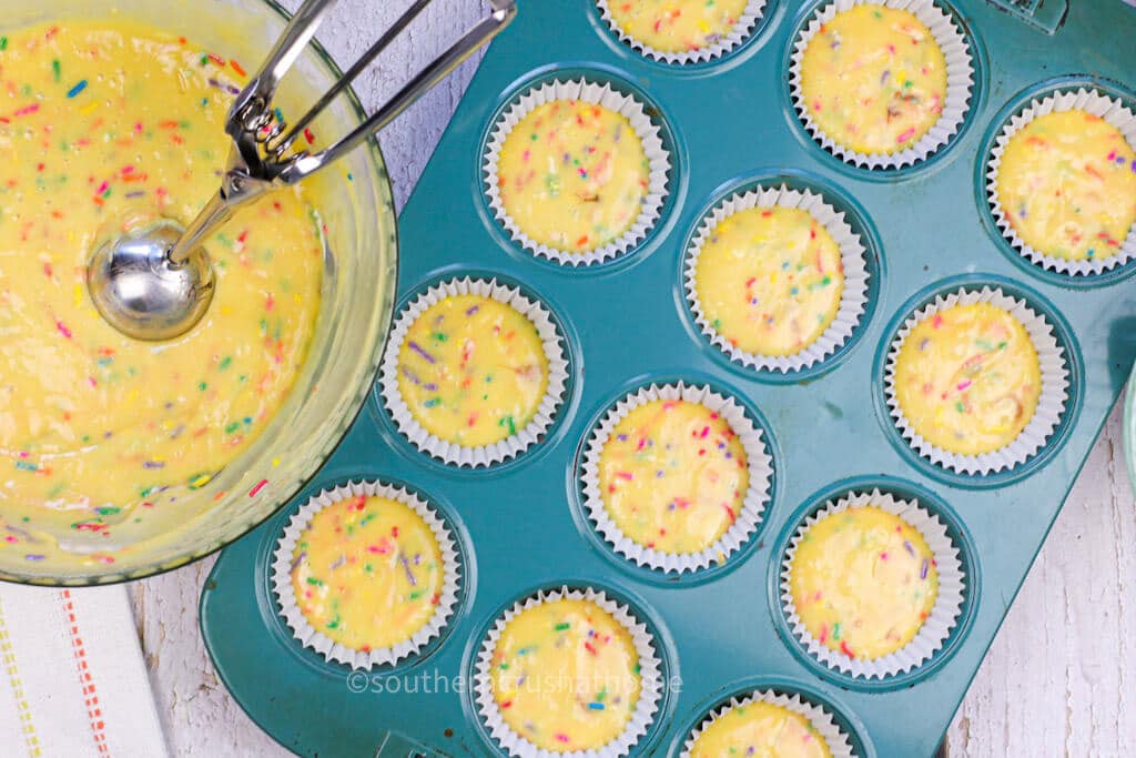 cupcake batter in cupcake pan