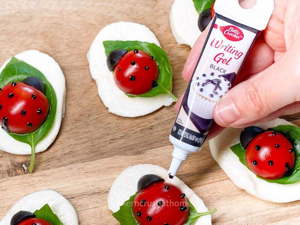 adding black writing gel dots to ladybugs