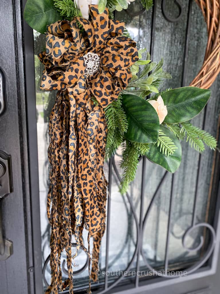 up close view of wreath bow with fabric