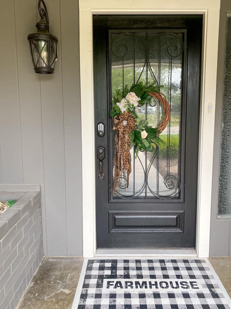 front door with rag bow wreath
