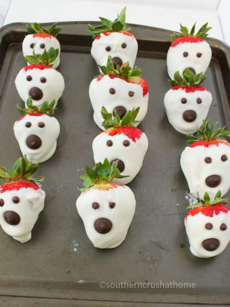 ghost straweberries on baking sheet