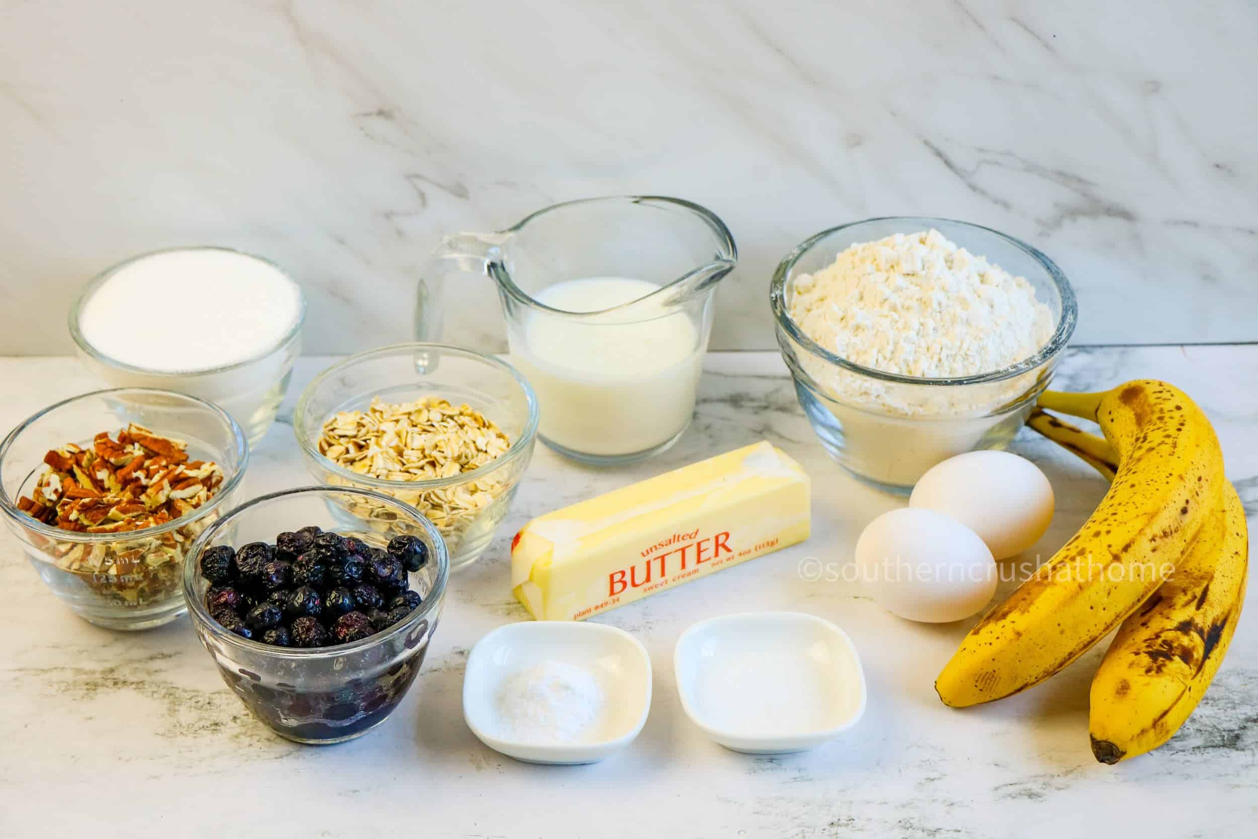 ingredients for blueberry banana bread
