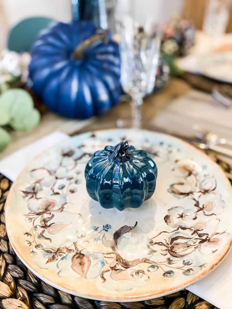 blue pumpkin in center of plate