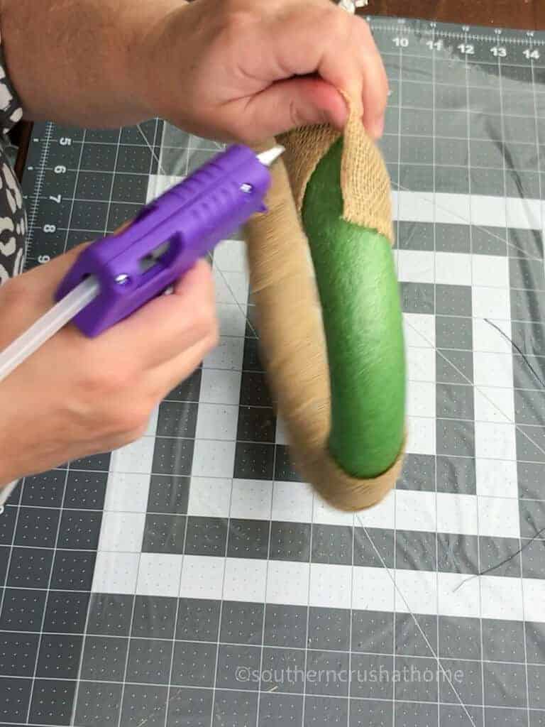 gluing burlap to wreath form