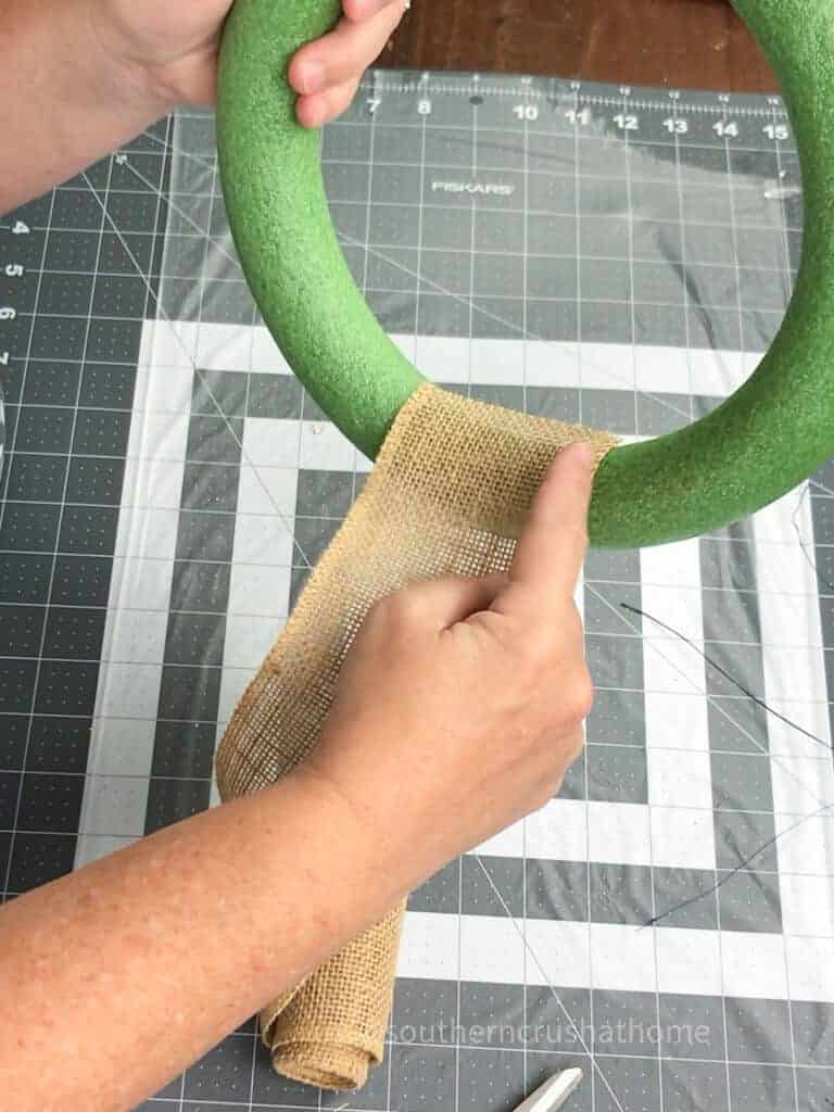 adding burlap to foam wreath form