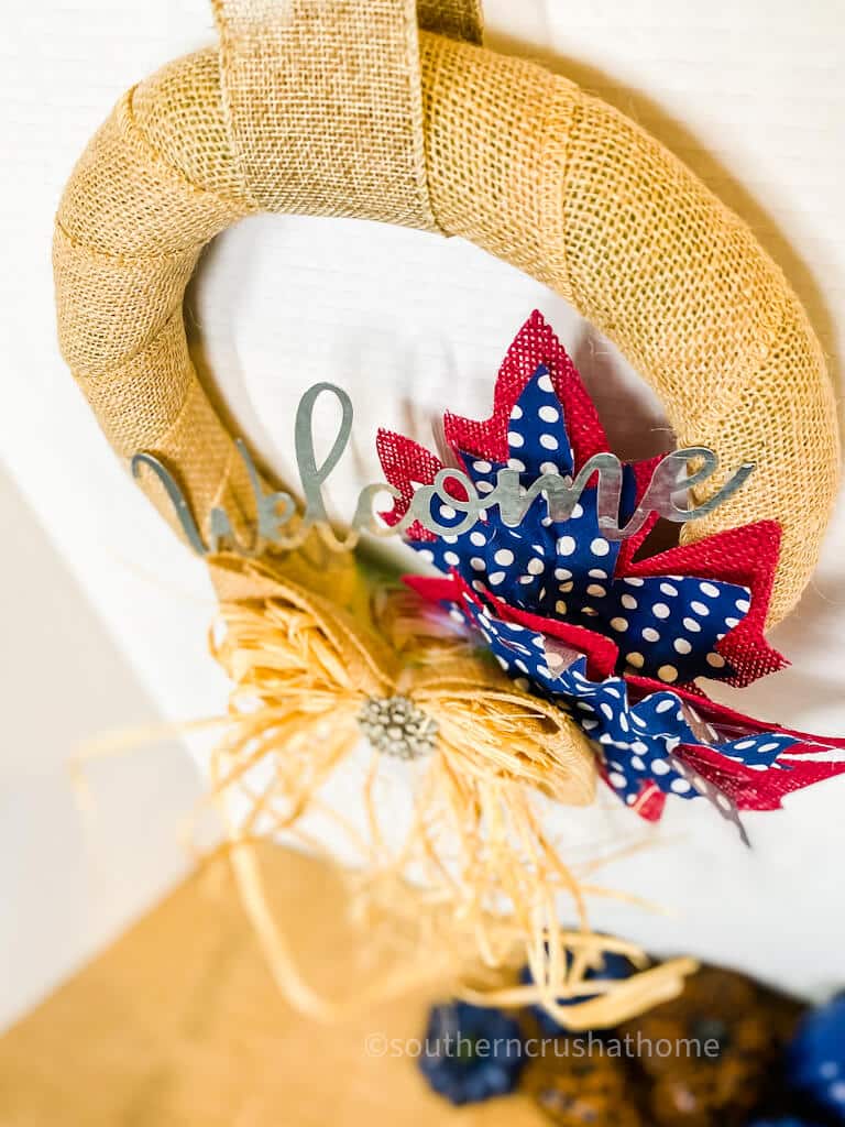 overhead view of burlap fall wreath