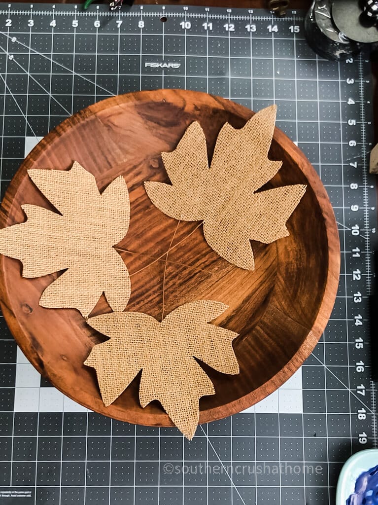 faux burlap leaves in dough bowl